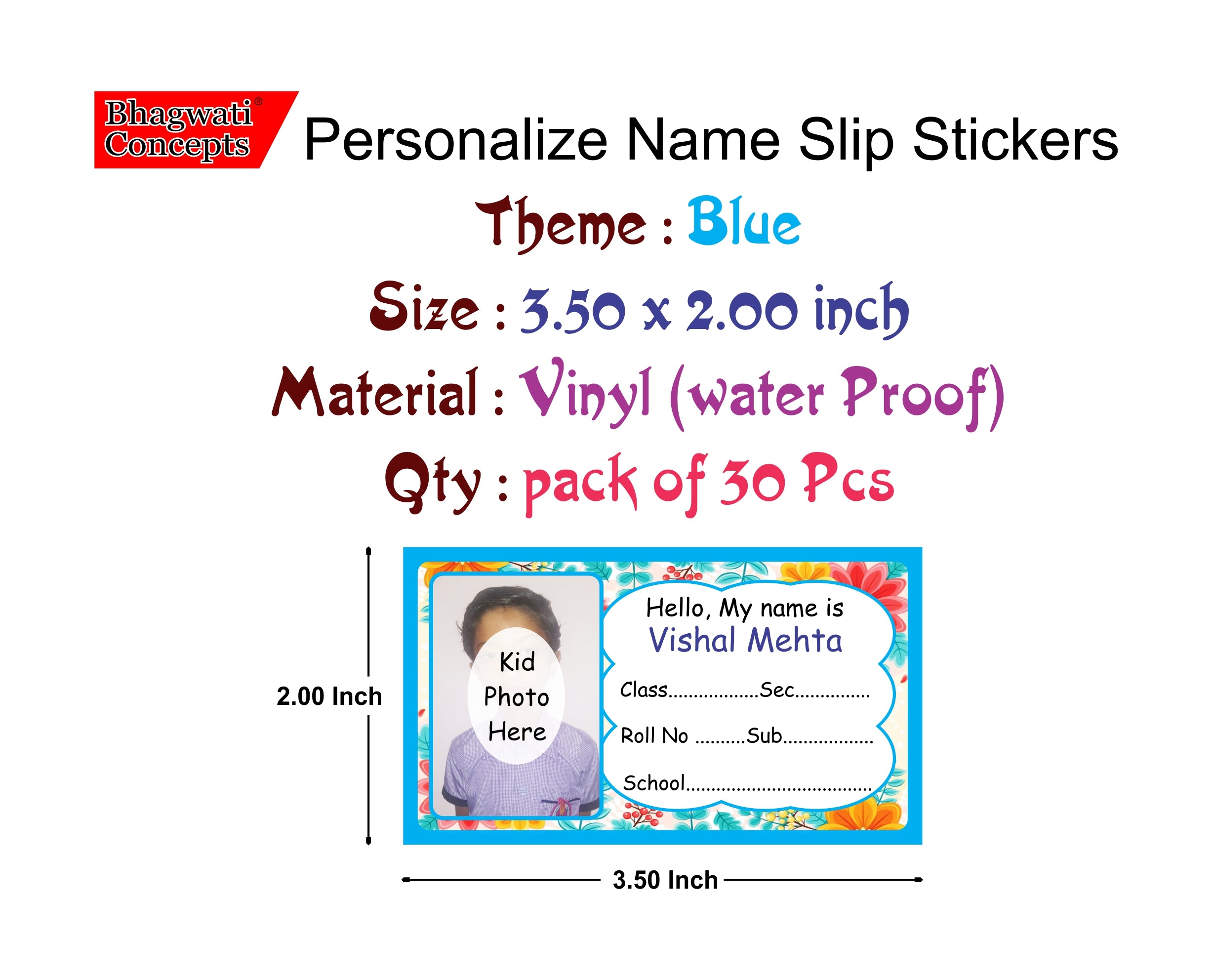 Photo Name Slip Blue Floral Theme